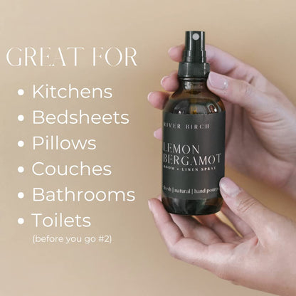River Birch Luxury Linen and Room Spray - Home Signature Scent Balsam and Cedar Room Fragrance Spray - Fragrant Fresh Linen Air Freshener For Bedding - Handmade in Texas - 4 oz Glass Amber Bottle