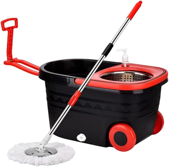 Spin Mop and Bucket with Wringer Set,for Floor Cleaning,with Floor Scrub Brush,61" Adjustable Handle and 6 Microfiber Mop Head(White)
