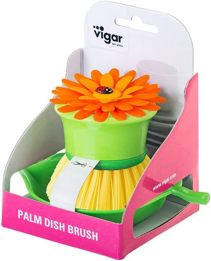 Vigar Flower Palm Dish Scrub Brush with Holder, Perfect Kitchen Brushes for Dishes, Sink Brush and Cleaning Brushes for Household Use, Pink, Green