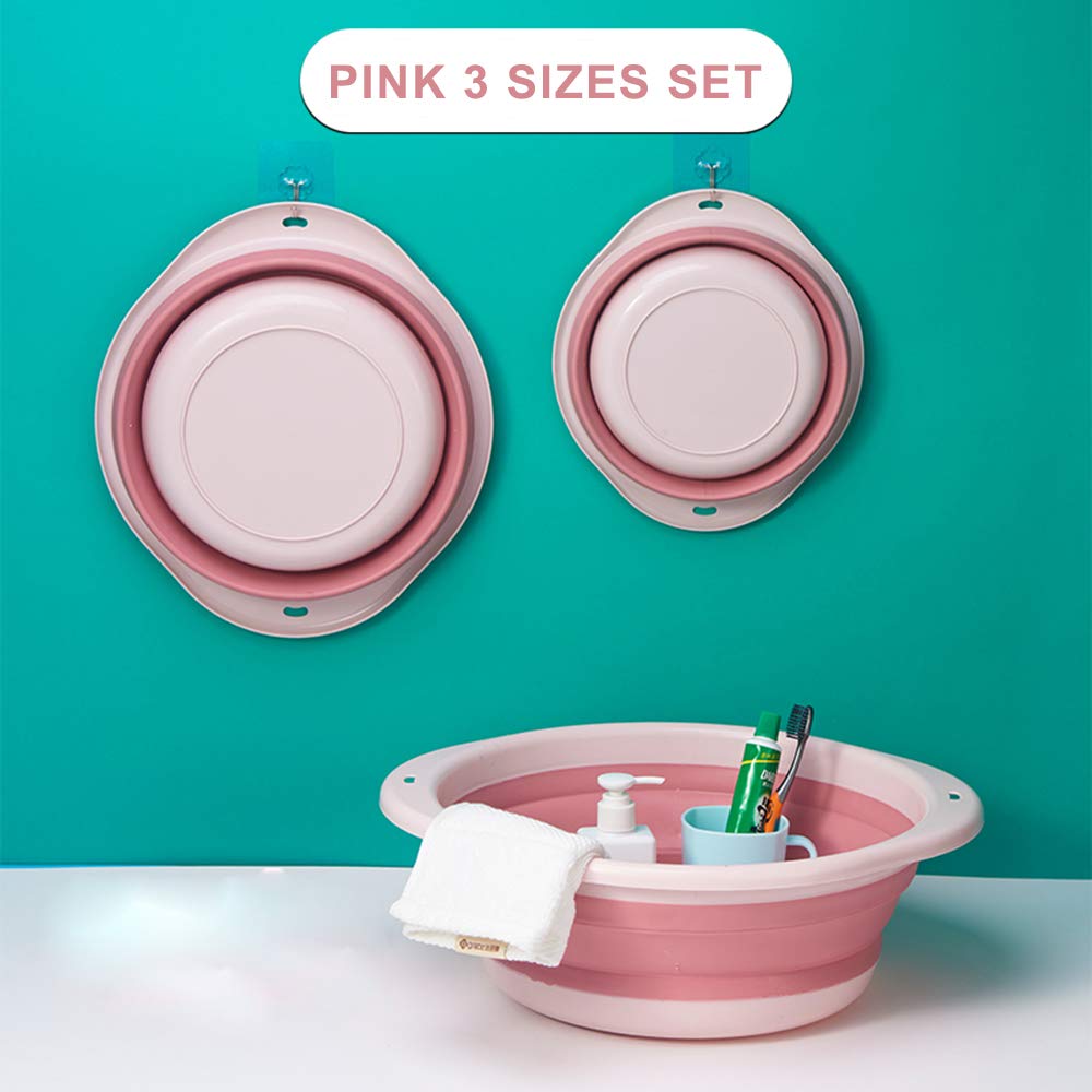 3-Pack Collapsible Wash Basin Set, Baby Kids Wash Basin Dish Tub for Travel Home, 3 Different Sizes Set Space Saving Pink Big Volume