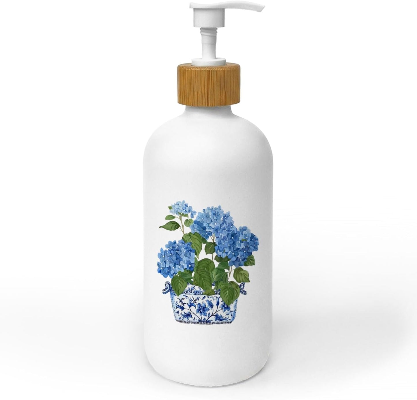 Chinoiserie Hydrangea Soap Dispenser, Blue and White Porcelain Floral Glass Dish Soap Dispenser for Kitchen, Grand Millenial Refillable Handsoap Pump Bottle for Bathroom Countertop