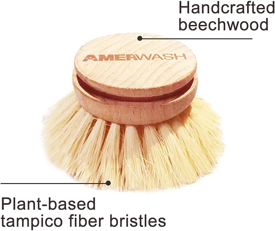 AMERWASH PLUS Dish Brush with Wooden Handle, Natural Kitchen Brush for Dishes Vegetable, Pots and Pans, Tampico Fiber Bristles Scrubber, Extra 3 Pack Replacement Head Included