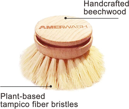 AMERWASH PLUS Dish Brush with Wooden Handle, Natural Kitchen Brush for Dishes Vegetable, Pots and Pans, Tampico Fiber Bristles Scrubber, Extra 3 Pack Replacement Head Included