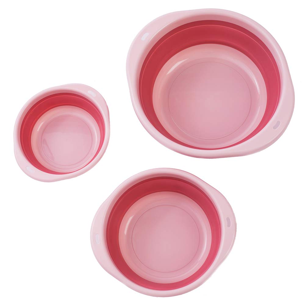 3-Pack Collapsible Wash Basin Set, Baby Kids Wash Basin Dish Tub for Travel Home, 3 Different Sizes Set Space Saving Pink Big Volume