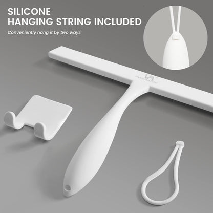 Shower Squeegee for Glass Doors, 11-Inch Silicone Squeegee with Non-Slip Handle and Adhesive Hook for Bathroom, Mirror, Tile, Car Window (White)