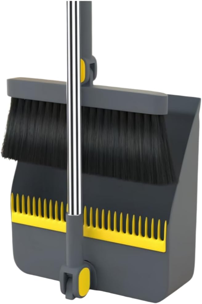 2-in-1 Broom with Dustpan Combo Set,Long Handle Broom Dustpan Combo with Dustpan Teeth to Automatically Clean Hair for Home, Indoor or Outdoor Cleaning Hall Floor (Gray)