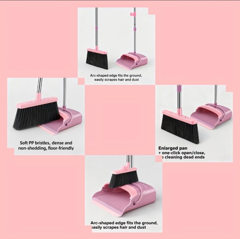 Broom and Dustpan Set with Long Handle - Upright Dustpan & 3 Rows Dense Bristles, Ideal for Home, Office, Kitchen, Lobby, Shop, All-Purpose Indoor & Outdoor Sweeping,Gray&Yellow