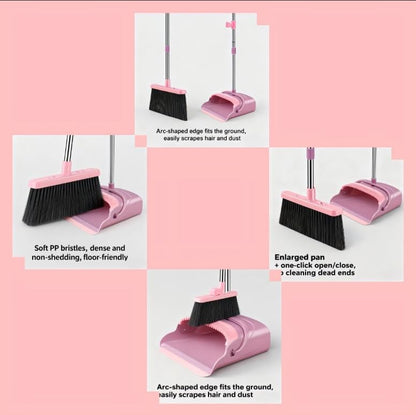 Broom and Dustpan Set with Long Handle - Upright Dustpan & 3 Rows Dense Bristles, Ideal for Home, Office, Kitchen, Lobby, Shop, All-Purpose Indoor & Outdoor Sweeping,Gray&Yellow