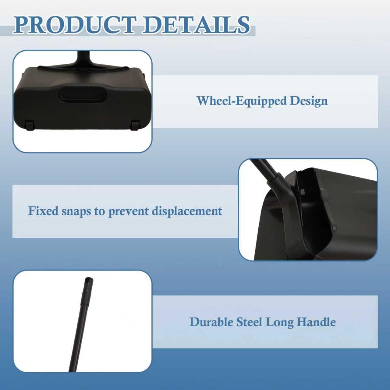 Broom and Dustpan Set with Long Handle and Wheels, Upright Standing Heavy Duty Large Dust Pan and Broom Combo for Indoor Outdoor, Kitchen, Garage, Restaurant Cleaning – Black
