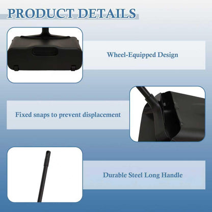 Broom and Dustpan Set with Long Handle and Wheels, Upright Standing Heavy Duty Large Dust Pan and Broom Combo for Indoor Outdoor, Kitchen, Garage, Restaurant Cleaning – Black