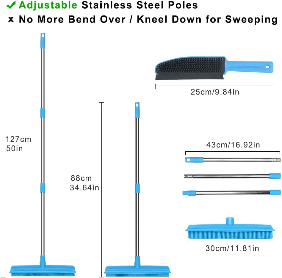 LandHope Carpet Rake for Pet Hair Remover Long Handle with Squeegee, Rubber Broom Carpet Brush Non Scratch Bristles Fur Remover Indoor Outdoor Push Broom for Cat Dog Hair Hardwood Tile Windows Clean