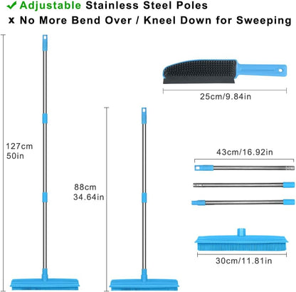 LandHope Carpet Rake for Pet Hair Remover Long Handle with Squeegee, Rubber Broom Carpet Brush Non Scratch Bristles Fur Remover Indoor Outdoor Push Broom for Cat Dog Hair Hardwood Tile Windows Clean
