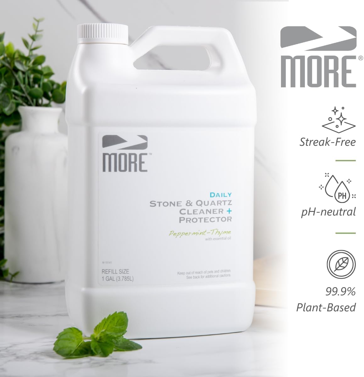 MORE Stone & Quartz Cleaner + Protector - Water-Based Surface Spray - Granite, Quartz & Marble Cleaner - For Kitchen & Bathroom Countertops & Floors - Peppermint-Thyme Essential Oil - Pint (16oz)