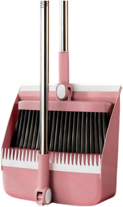 2-in-1 Broom with Dustpan Combo Set,Long Handle Broom Dustpan Combo with Dustpan Teeth to Automatically Clean Hair for Home, Indoor or Outdoor Cleaning Hall Floor (Gray)