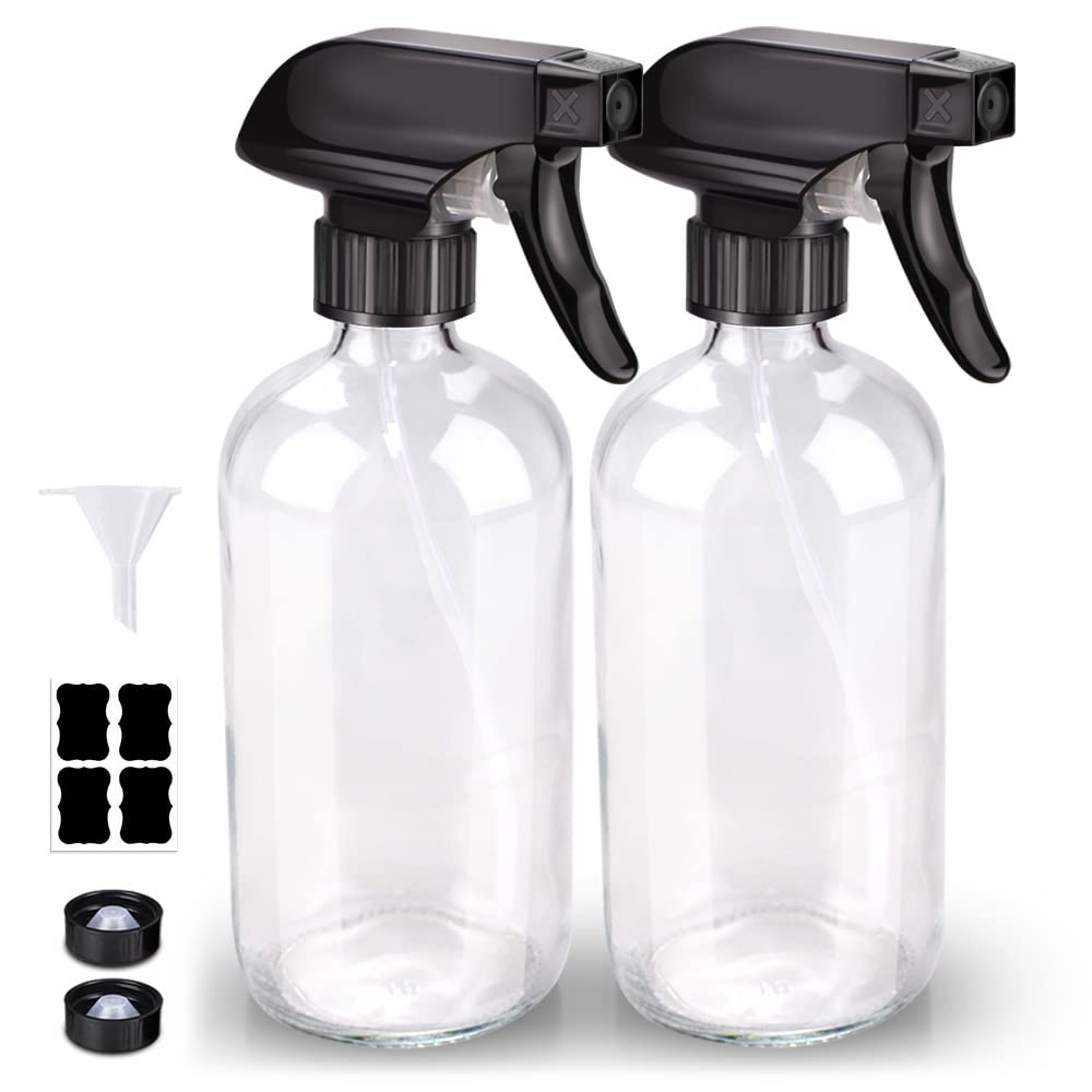 Bontip Glass Spray Bottle, Amber Glass Spray Bottle Set & Accessories Refillable for Plants Window Cleaners Aromatherapy Facial Hydration Watering Flowers Hair Care (2 Pack/16 oz) (Amber)