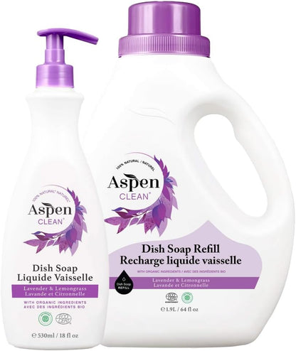 AspenClean | Dish Soap & Refill | Eucalyptus and Rosemary | Liquid Dishwashing Detergent Soap | Non - Toxic | 100% Natural | EWG Verified | 64 fl oz - Refills Over 3.5 Standard Soap Bottles
