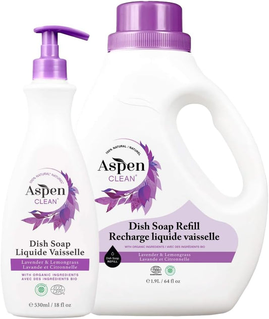 AspenClean | Dish Soap & Refill | Eucalyptus and Rosemary | Liquid Dishwashing Detergent Soap | Non - Toxic | 100% Natural | EWG Verified | 64 fl oz - Refills Over 3.5 Standard Soap Bottles