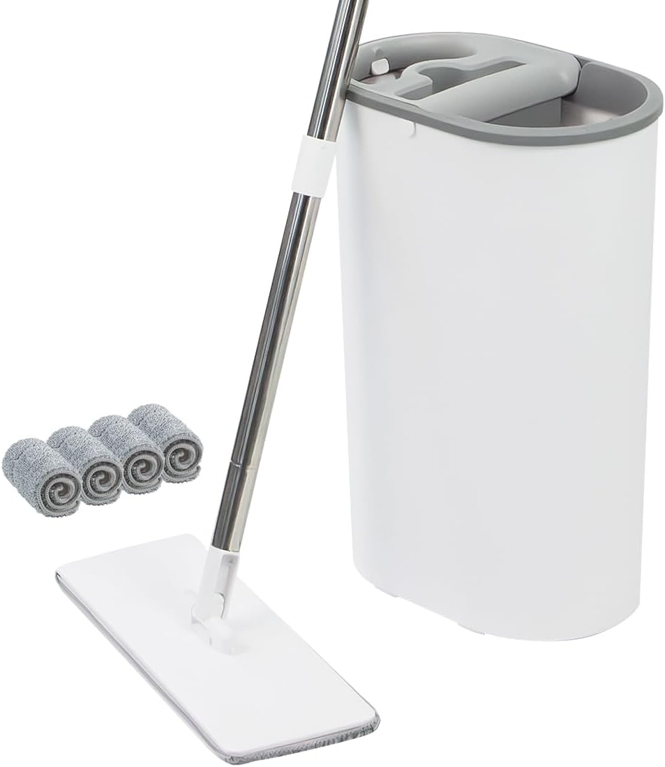 CQT Self-Wringing Mop and Bucket Set for Home Long Handle Flat Mop with 4 Washable Microfiber Pads