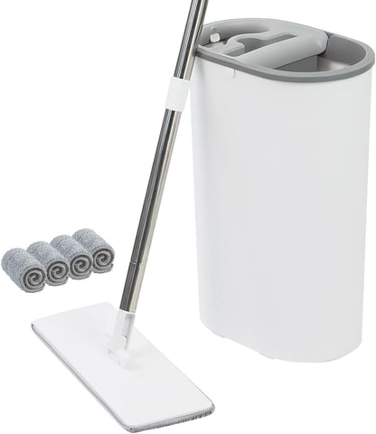 CQT Self-Wringing Mop and Bucket Set for Home Long Handle Flat Mop with 4 Washable Microfiber Pads