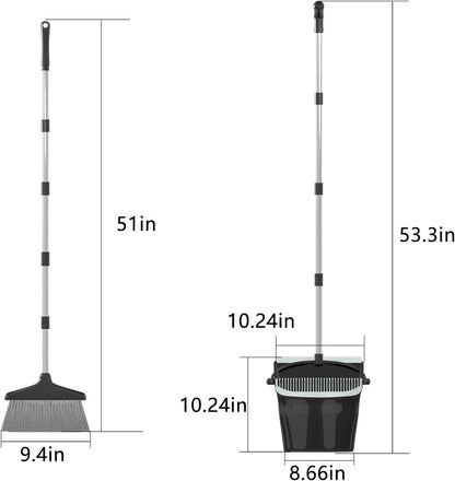 Broom with Dustpan Combo Set 54" Long Handle Adjustable Length Stainless Steel Broomstick Standing Dust Pan and Broom Set for Office Home Kitchen Lobby Floor Cleaning (Red and Black)