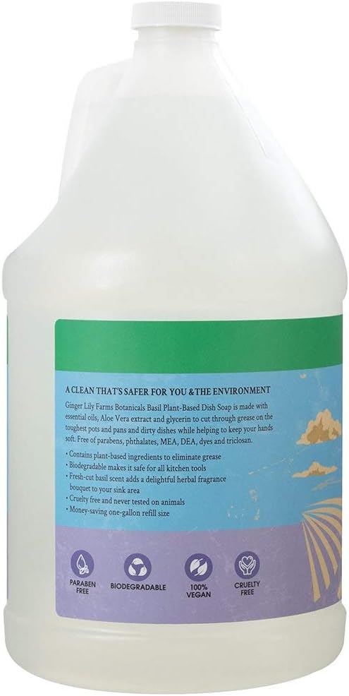 Ginger Lily Farms Botanicals Plant-Based Liquid Dish Soap, Concentrated Formula with Max Grease Cleaning Power, Cruelty-Free, Fragrance-Free, 1 Gallon Refill (128 Fl. Oz.), Clear