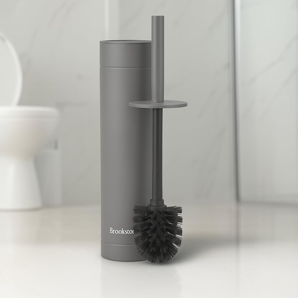 BROOKSTONE Toilet Brush and Holder Set for Bathroom with Splash Guard for Deep Cleaning, Compact and Space Saving Stylish Toilet Bowl Cleaners, Chrome
