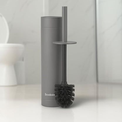 BROOKSTONE Toilet Brush and Holder Set for Bathroom with Splash Guard for Deep Cleaning, Compact and Space Saving Stylish Toilet Bowl Cleaners, Chrome