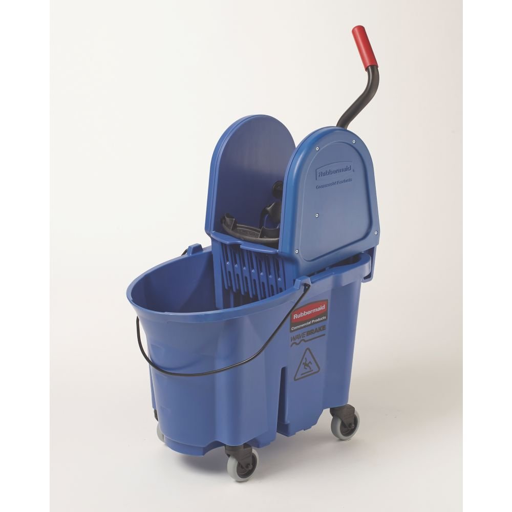Rubbermaid Commercial Products WaveBrake 35 QT Down-Press Mop Bucket and Wringer Combo on Wheels with Dirty Water Bucket Black for Heavy-Duty Floor Cleaning