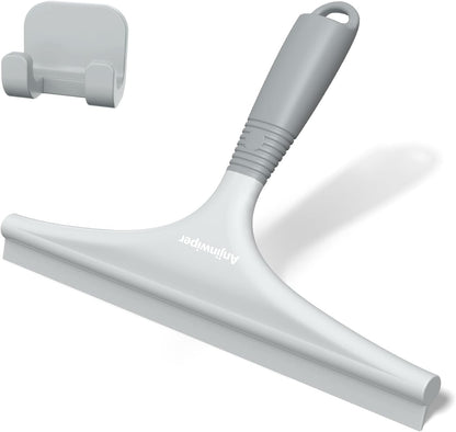 Silicone Shower Squeegee with Hook, Bathroom Squeegee for Shower Glass, Squeegee for Shower Doors, Mirror and Window, Shower Squeegee for Tile Shower Walls(10 inch, White & Gray)