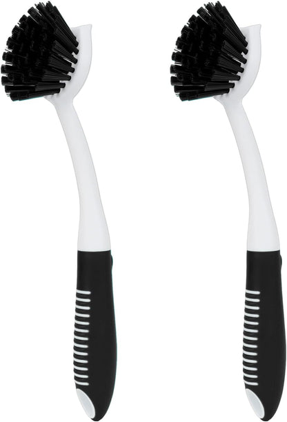 Dish Brush with Handle, 2 Pack Scrub Brushes with Built-in Scraper for Cleaning Kitchen, Pots, Pans and Sink, Scrubber Washing Tools, Green