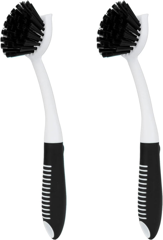 Dish Brush with Handle, 2 Pack Scrub Brushes with Built-in Scraper for Cleaning Kitchen, Pots, Pans and Sink, Scrubber Washing Tools, Green