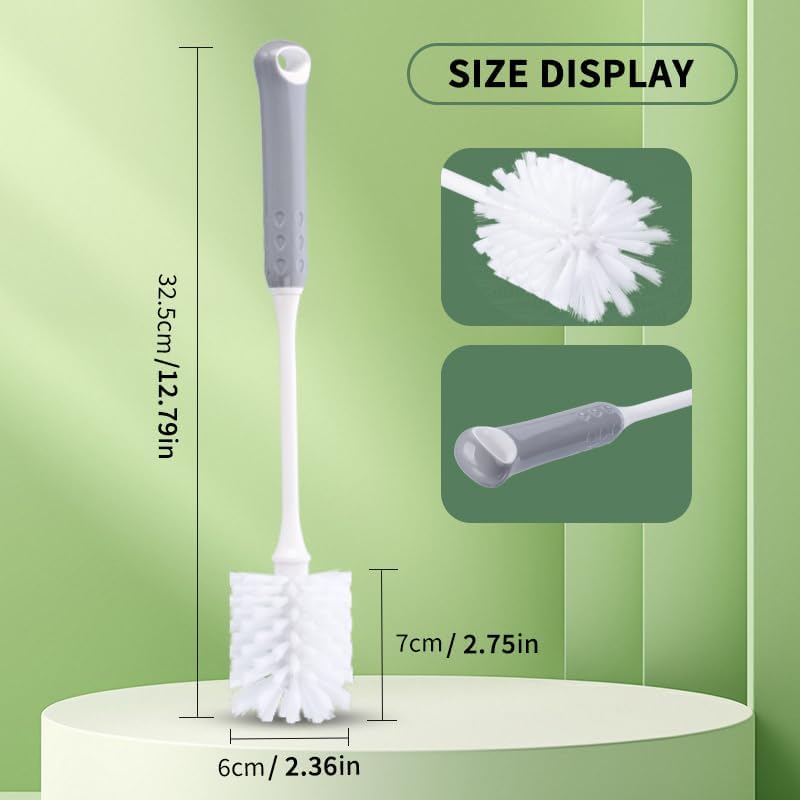 Long Handle Bottle Cleaning Brush with Soft Nylon Bristles, White and Gray, 12.79 Inches, for Baby Bottles, Water Bottles, Glassware