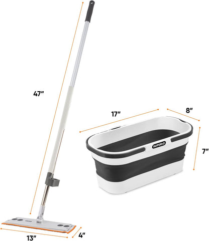Superio Fold N' Go 10L Collapsible Mop Bucket with Wheels & Self-Wringing Microfiber Flat Mop - Portable, Hands-Free Cleaning Set for Home, Car, Kitchen, Bathroom, Hardwood & Tile Floors