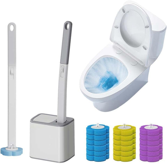 Upgrade Disposable Toilet Brush, Disposable Toilet Cleaning Set with Holder & Refills, Extended Handle Bowl Brush for Hygienic Bathroom Maintenance, 18 Disinfecting Heads Included (White)