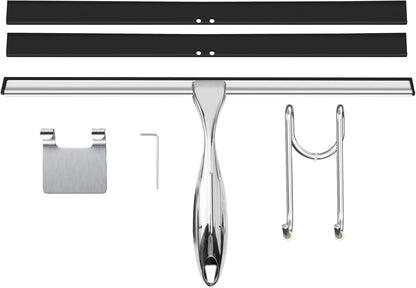 TOOVEM 14 Inch Shower Squeegee for Glass Doors, Window, Bathroom, Car Windshield, Shower Cleaning Tools with S Hook, Square Sticky Hook (Silver)