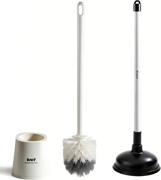 Toilet Plunger and Brush Set with Hideaway Holder – Heavy Duty Bathroom Cleaning Tools – Compact Toilet Bowl Cleaner & Plunger Combo for Modern Home Decor