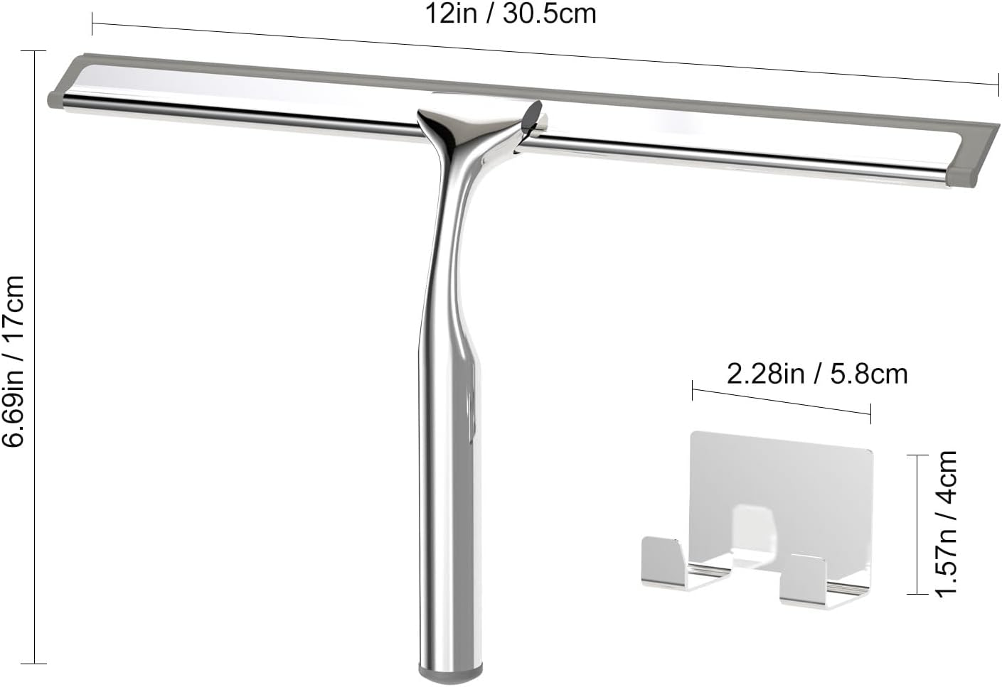Shower Squeegee for Glass Doors, Shower Squeegee for Tile Shower Walls, Stainless Steel Squeegee for Bathroom, Windows and Mirrors with Storage Hook-12”, Black