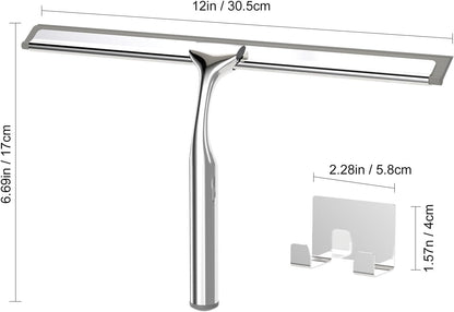 Shower Squeegee for Glass Doors, Shower Squeegee for Tile Shower Walls, Stainless Steel Squeegee for Bathroom, Windows and Mirrors with Storage Hook-12”, Black