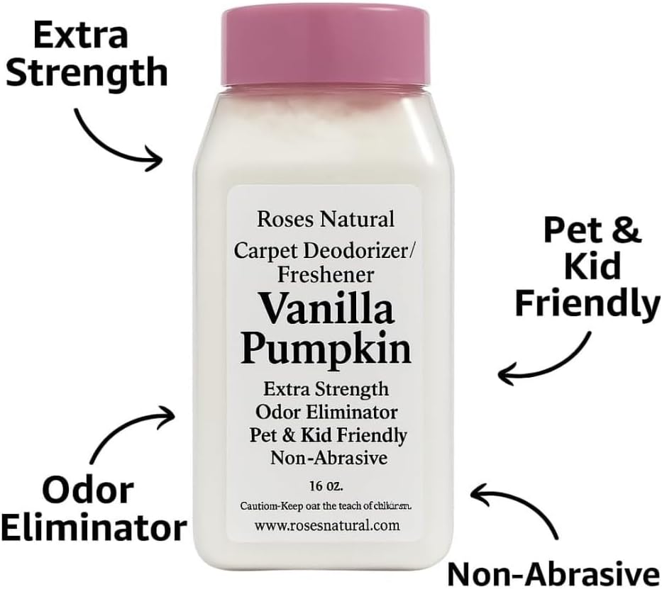 Vanilla Pumpkin Carpet Deodorizer Powder – Pet Odor Eliminator Carpet Freshener, Rugs & Upholstery, Natural Baking Soda Carpet Powder, Kid & Pet Friendly, Long Lasting Scent, 16 oz