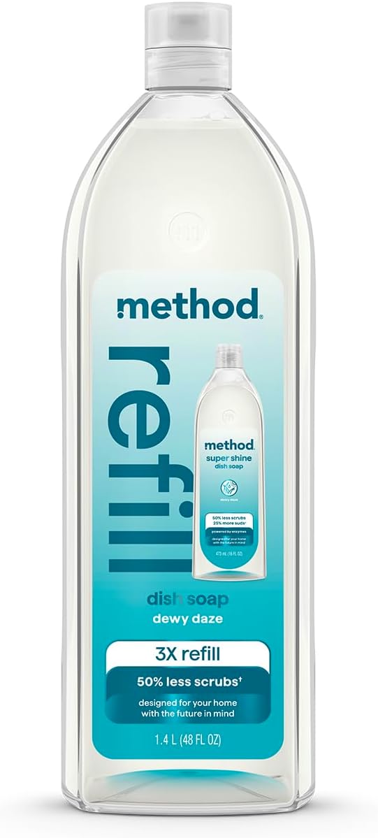 Method Super Shine Liquid Dish Soap Refill, Powered by Enzymes, Free + Clear, Unscented, 48 fl oz