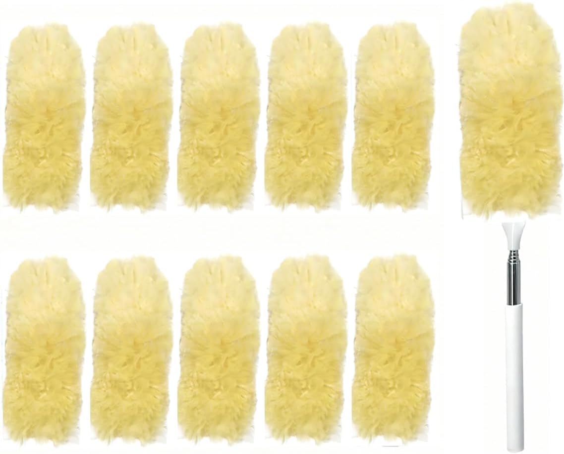 Heavy Duty Duster Refills, Disposable Dusters Kit for Cleaning Dusting Furniture Blind Ceiling Fan, Multi Surface 360 Feather Duster(10)+3FT Extended Handle（1） (Navy Blue)