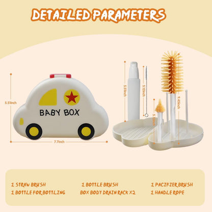 7-in-1 Baby Bottle Brush Set with Silicone Nipple & Straw Brushes, Soap Dispenser, Foldable Drying Rack, Portable Case – for Home & Travel