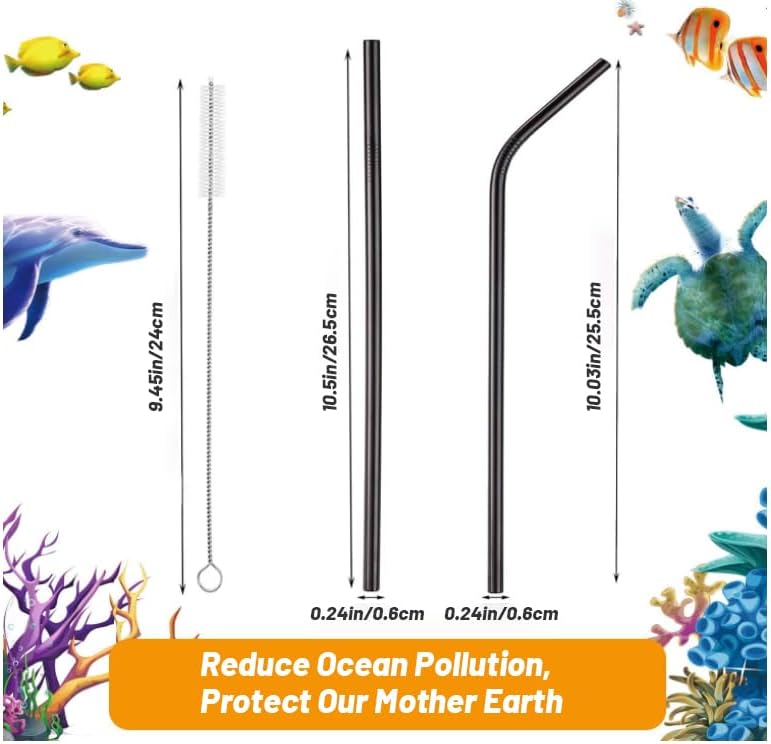 VEHHE Metal Straw Stainless Steel Straws Drinking Reusable Straws 4 Set -10.5" Ultra Long Rainbow Color-Cleaning Brush for 20/30 Oz for Yeti RTIC SIC Ozark Trail Tumblers (2 Straight|2 Bent|1 Brush)