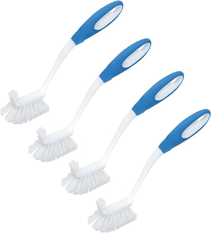 Dish Brush Scrubber for Kitchen, 2 Pack, by LOLA, Has Stiff Bristles & Food Scraper, Comfort No-Slip Grip Handle, Safe for Non-Stick & Coated Cookware
