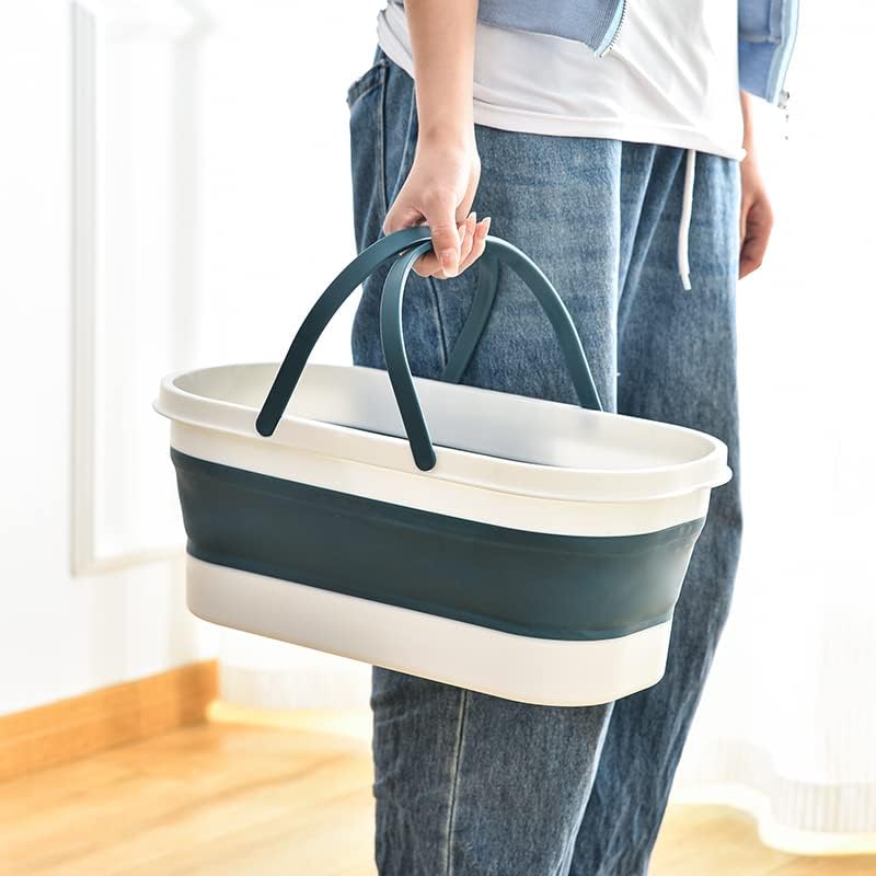 Goderewild Collapsible Plastic Bucket with Wheels 12L (3.17 Gallon) for House Cleaning, Camping, and RV - Multi-Purpose Rectangular Handy Basket for Cleaning Mop - Lightweight and Portable (Grey)