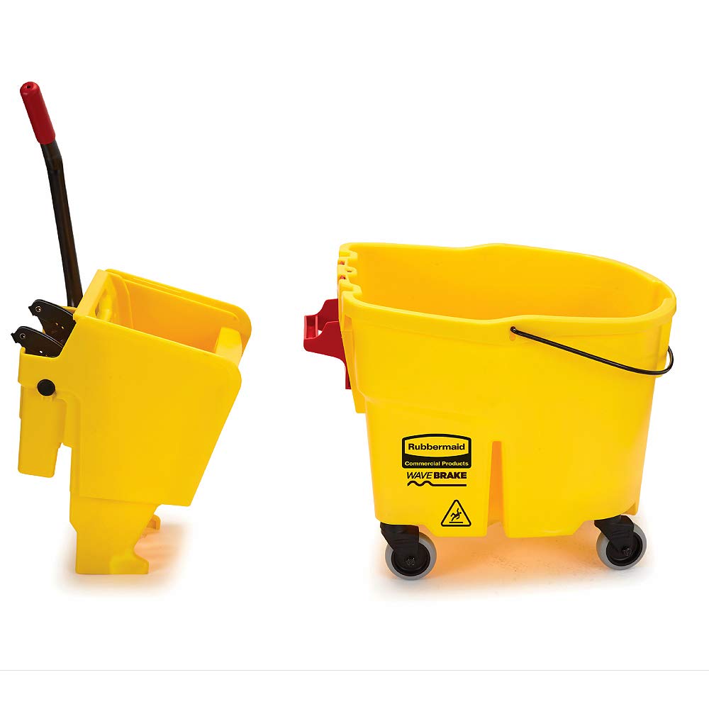 Rubbermaid Commercial Products WaveBrake 44 QT Side-Press Mop Bucket and Wringer Combo on Wheels with Foot Drain Yellow for Heavy-Duty Floor Cleaning