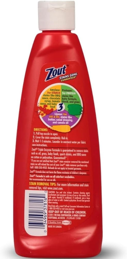 Zout Laundry Stain Remover, Triple Enzyme Formula for Blood, Tomato Sauce, & Oil Stains, Made in USA, 12 Ounce Squeeze Bottle with Flip Top Cap