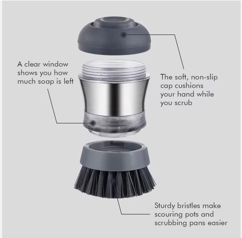 Soap Dispensing Dish Brush with Refillable Handle – Heavy Duty Palm Scrubber for Kitchen Sink, Pots, Pans & Dishes – Replaceable Brush Head – No Leak Design (Dark Gray)