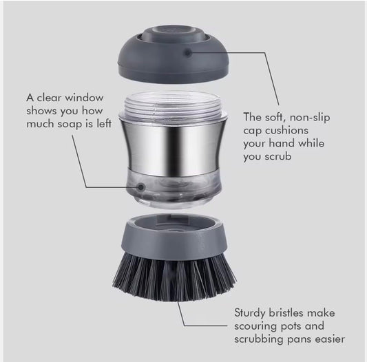 Soap Dispensing Dish Brush with Refillable Handle – Heavy Duty Palm Scrubber for Kitchen Sink, Pots, Pans & Dishes – Replaceable Brush Head – No Leak Design (Dark Gray)