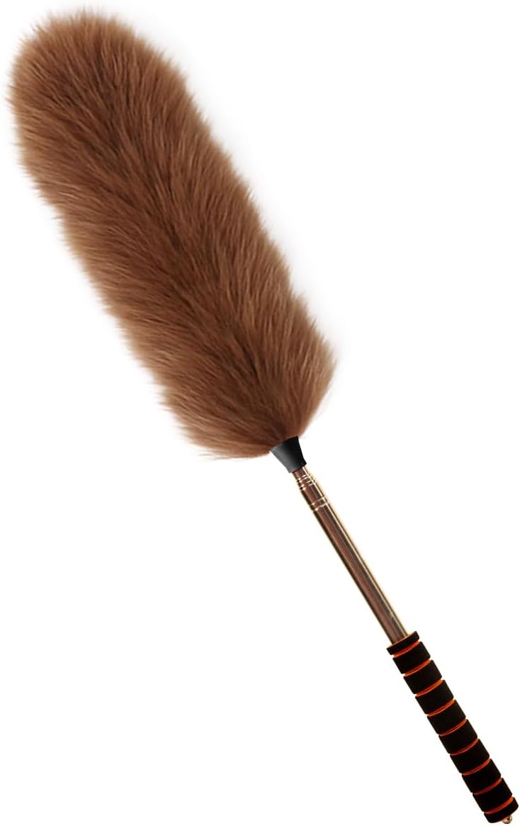 Extendable Lambswool Duster Stainless Steel Handle 133" Removable Feather Duster for Cleaning Ceiling Fans Interior Roof Furniture, Brown